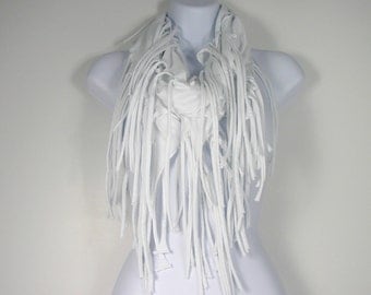 White Fringe Scarf Cotton Fringed Infinity Scarves Cotton Hippie Infinity Scarves Circle Scarves with Fringe Fringed T Shirt Scarves
