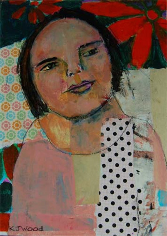 Acrylic Portrait Painting, Collage, Poinsettias Made Her Nostalgic, Christmas, Pink, Red, Green, Polka Dots, Wistful 9x12 canvas panel
