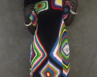 Retro Crochet Dress, Granny Square Dress, Black Crochet Dress,Handmade, Women, 70's Style Crochet Dress