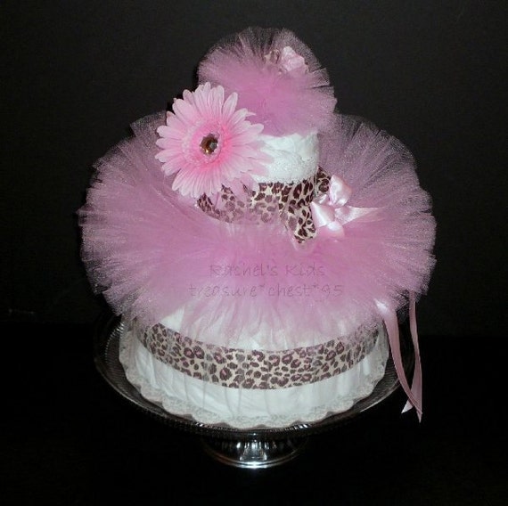 Pink & Brown Diaper Cake Baby Shower Centerpiece Gift Animal Print Cheetah Leopard Giraffe Newborn Tutu Matching Daisy Headband Infant Girl