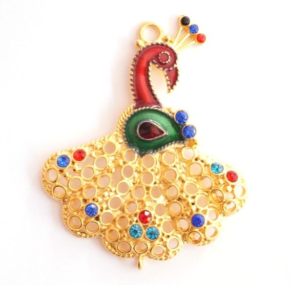1 pc- Matte Gold plated Peacock Pendant with swarowksi bead and ...