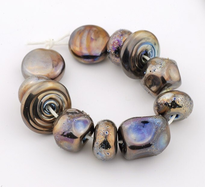 Bronze Age 11 silver glass beads rustic organic bronze