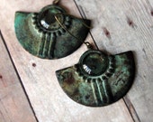 Garden Spigot Earrings - Verdigris Green Oxidized Dangles - Rustic, Distressed - Art Deco - Clear Water Dew Drop - Summer Earrings