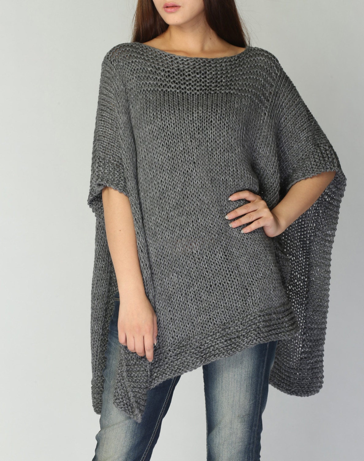 Hand knitted Poncho/ capelet in Charcoal eco cotton poncho