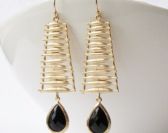 Black Crystal Drop Earrings, Black Forever Crystal Silver Dangle Earrings