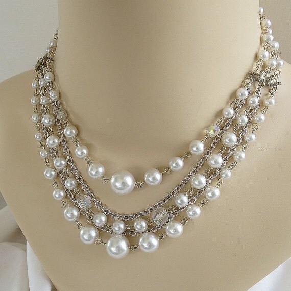 Vintage Multi Strand Faux Pearl And Crystals Necklace And
