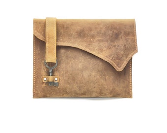 Rustic Beige Light Brown Leather Clutch with Skeleton Key Clasp - Distressed Leather Purse
