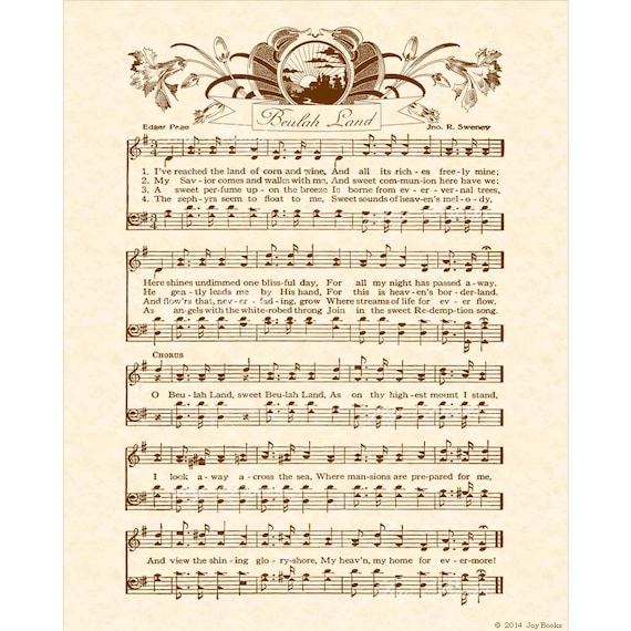 BEULAH LAND 8x10 Antique Hymn Vintage Verses Sheet Music
