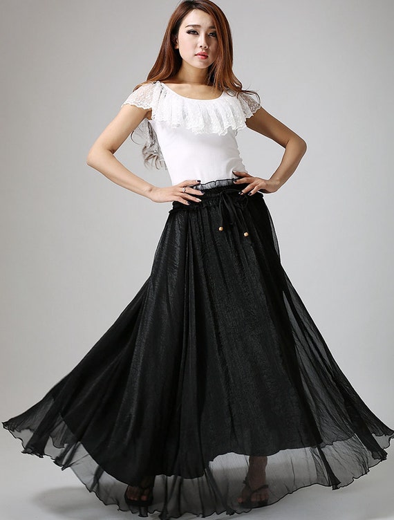 black chiffon skirt woman Maxi skirt swing skirt with by xiaolizi