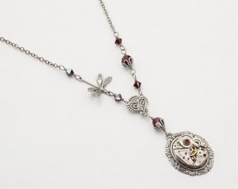 Steampunk Necklace, Dragonfly Necklace, Garnet Necklace with Vintage Watch Movement, Gears & Swarovski Crystal on Silver Chain Jewelry Gift