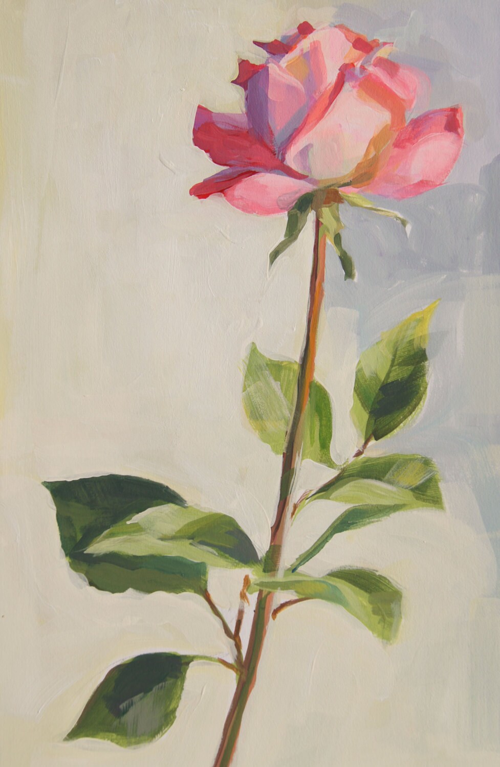 Reproduction of a Painting of a Single Long Stem Pink Rose on