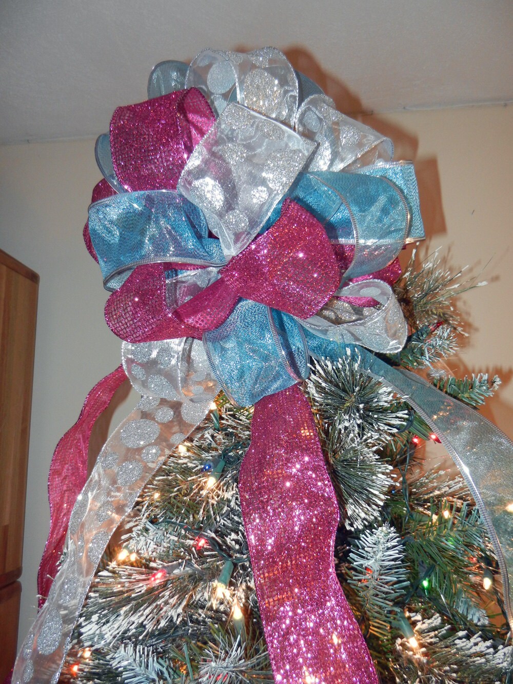 Large Christmas Tree topper bow 3 ribbons Teal by creativelycarole