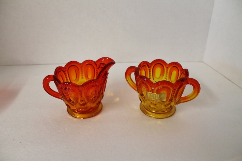 Vintage Amberina Moon and Stars Glass Cream and Open Sugar bowl Haute