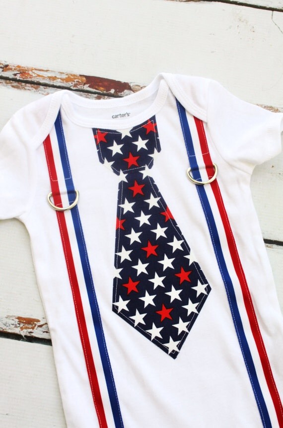 Baby Boy Tie and Suspender Bodysuit. Memorial Day, 4th of July, Patriotic, Summer. Red, White Blue or Solid Suspenders. Stars and Stripes. by ChicCoutureBoutique