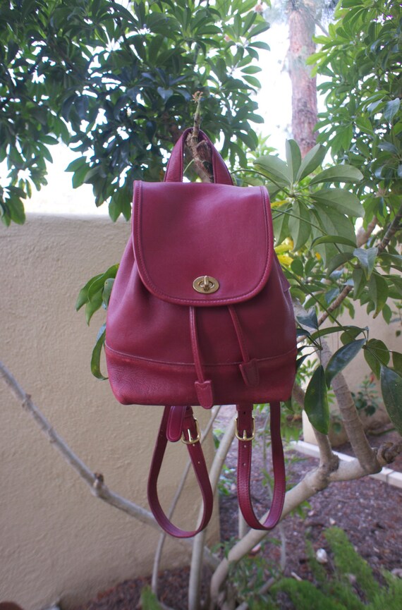 Red Vintage Leather Coach Backpack Purse with Zippered Pocket