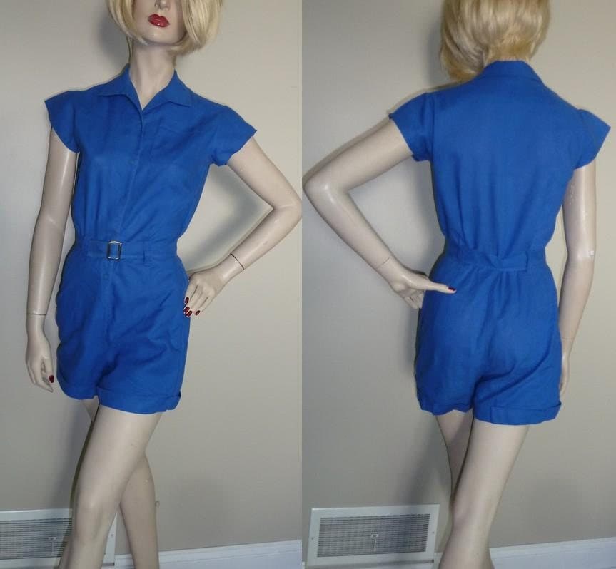 Vintage 1960s Gym Suit Royal Blue Romper Playsuit OnePiece