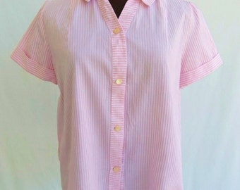 Vintage 60s Blouse Maternity Pink and White Striped Size M / L