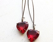 Heart Earrings Red Rhinestone Earrings Ruby Red Vintage Glass Drop Earrings Romantic Valentines Jewelry Long Earrings Dangle Earrings