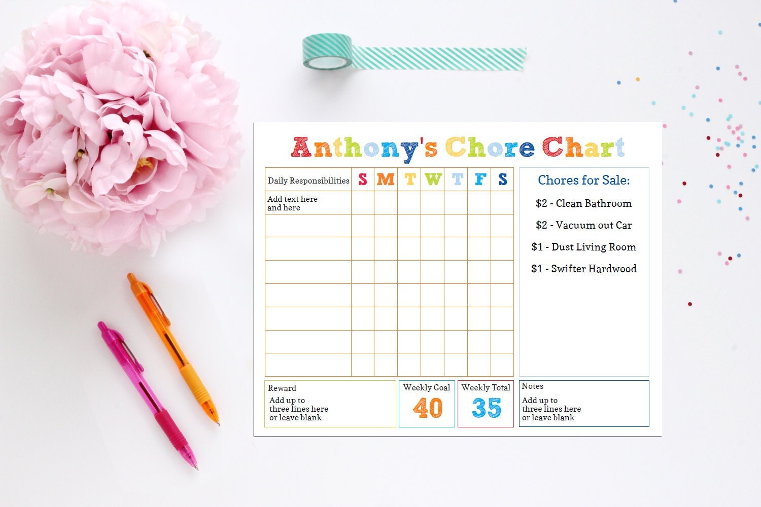 Boys Chore Chart INSTANT DOWNLOAD Printable Chore Chart by