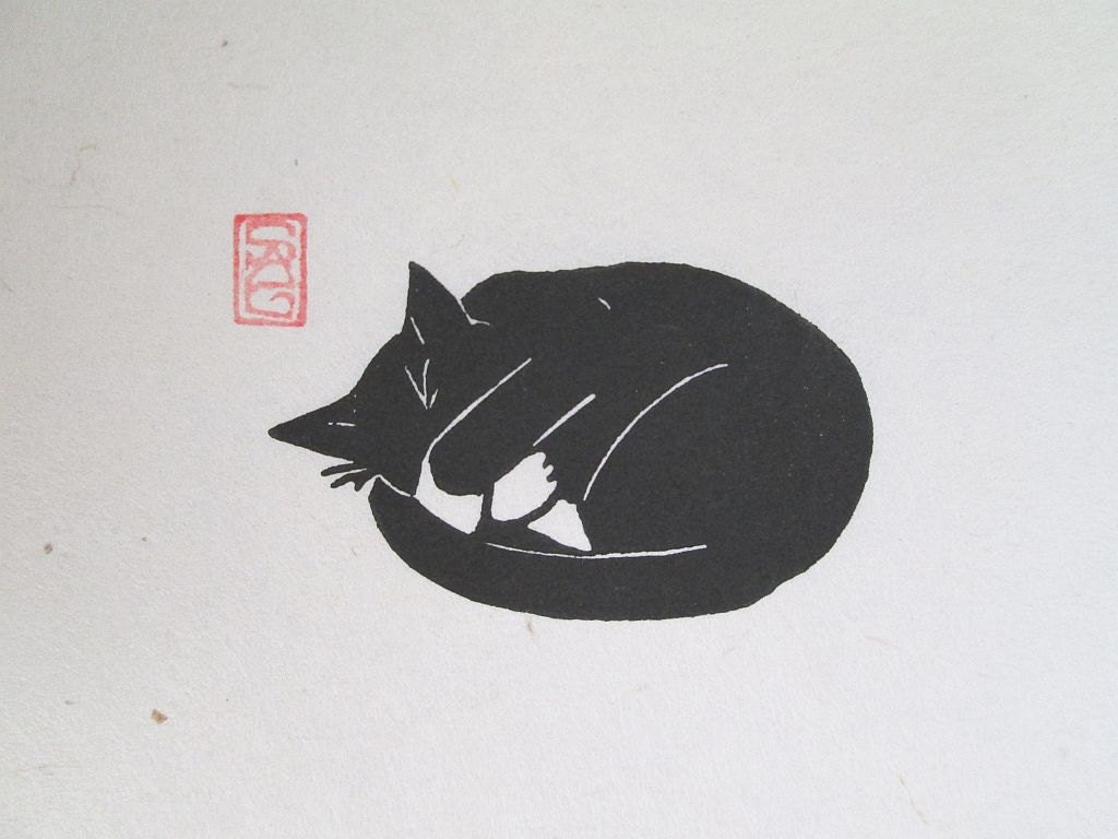 Peat Weasel Takes a Nap Black Cat Lino Print