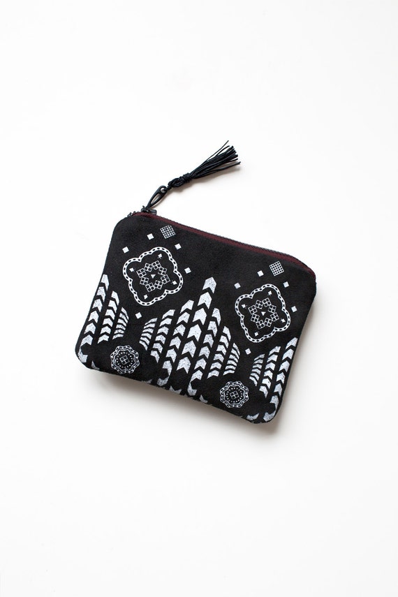 Moroccan Pattern Coin Purse Printed Leather-Suede zipper