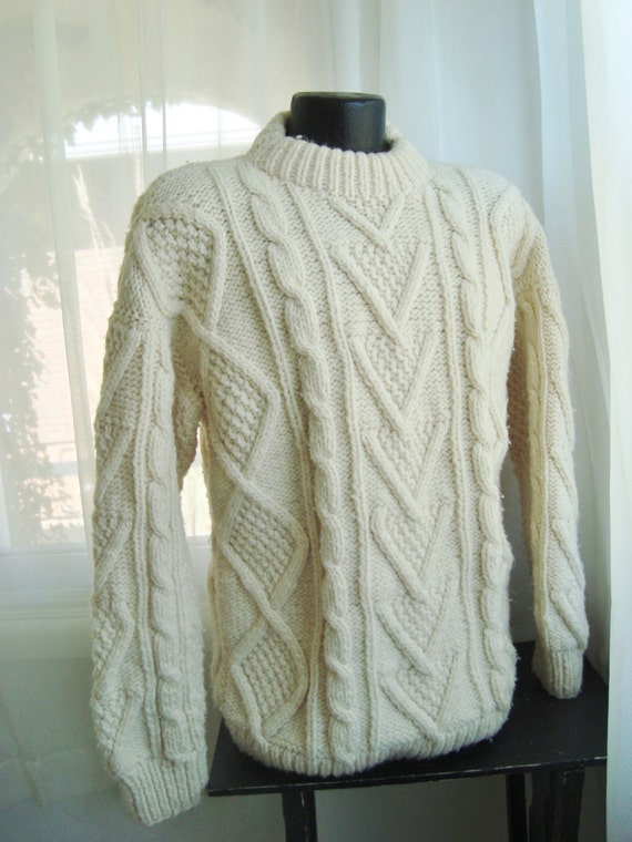 Men's Cream Colored Wool Fisherman Sweater Size Small to