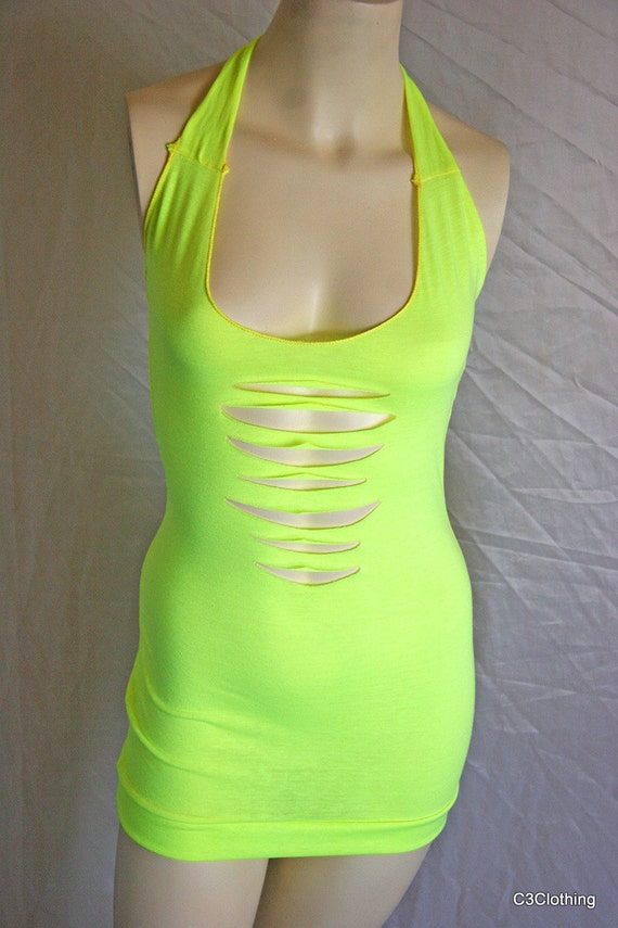 Items Similar To Neon Yellow Jersey Knit Spandex Mini Dress With Slits On Front And Back 1177