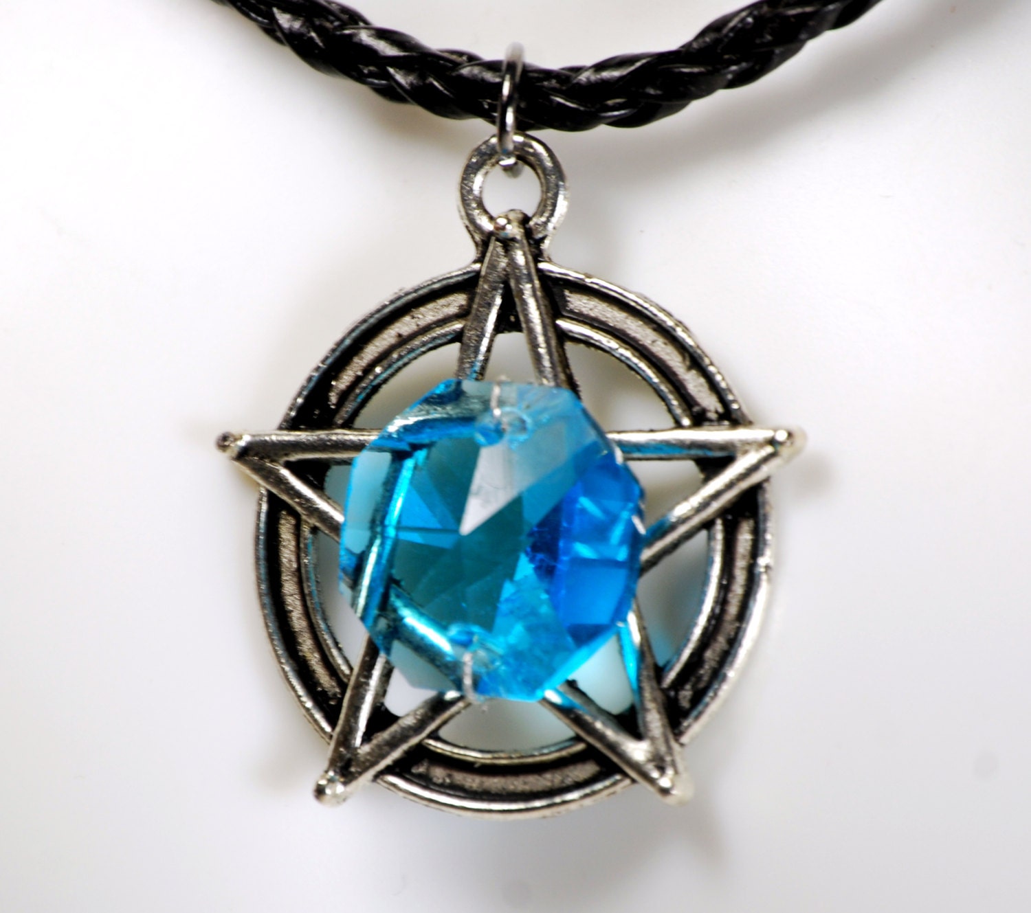 Blue Prism Pentacle Necklace Pagan Amulet Wiccan Pentagram