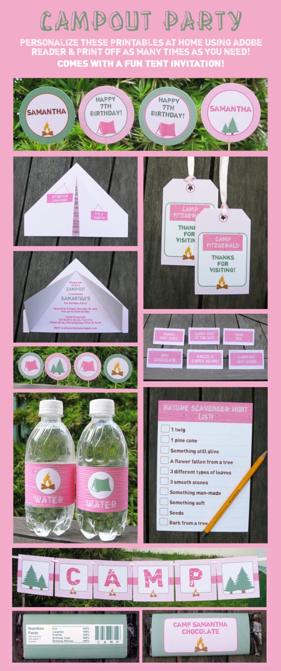 Girl Camping Birthday Party - INSTANT DOWNLOAD full Printable Collection + Invitation - EDITABLE text that you personalize with Adobe Reader Il_570xn