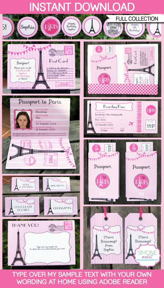 Paris Party Invitation & full Printable Collection, EDITABLE text - you personalize at home with Adobe Reader - INSTANT DOWNLOAD Il_570xn