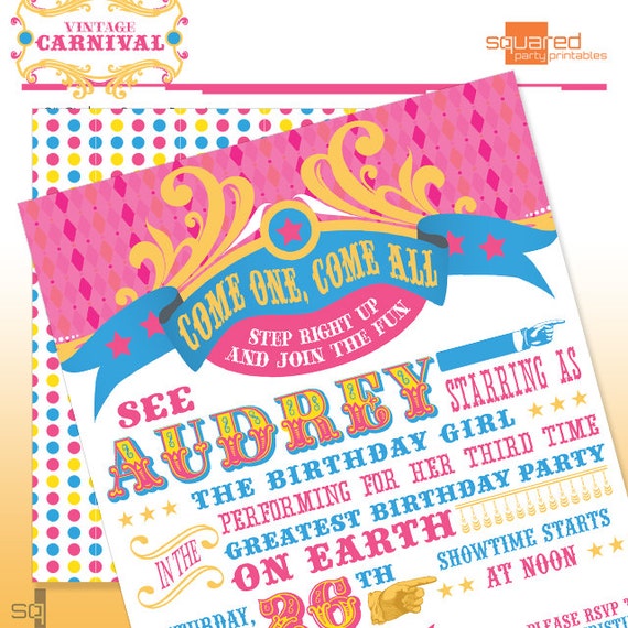 Vintage Carnival Circus Pink Printable Birthday Party Invitation - DIY Print Il_570xn