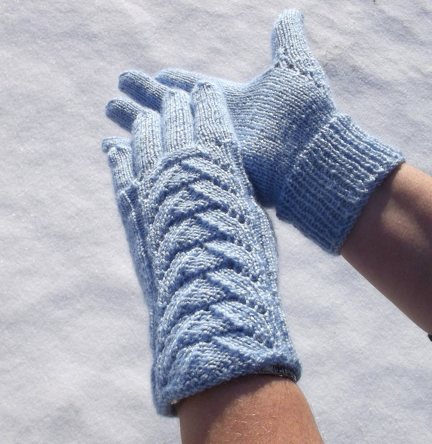 hand knitted light blue gloves sky blue by