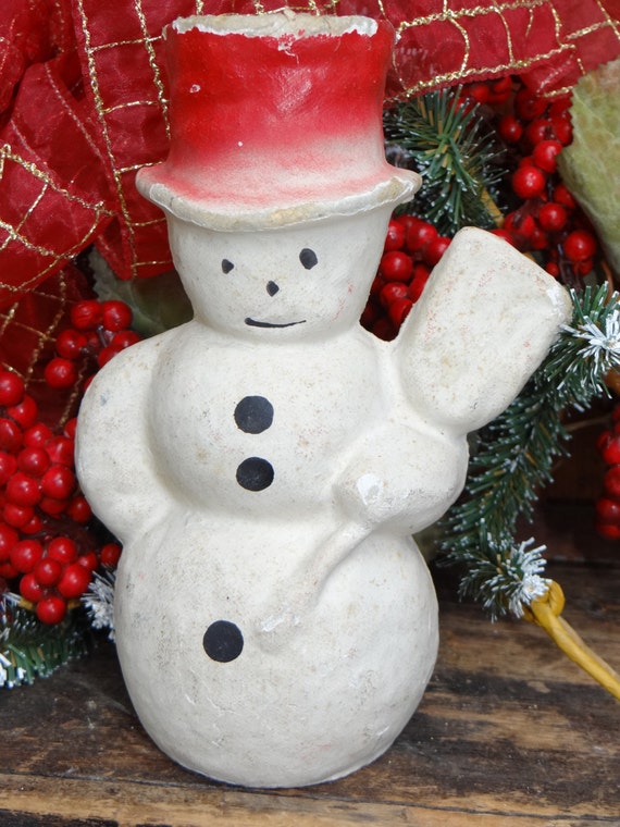 1940's Pulp Paper Mache Snowman Candy Container Red by exploremag