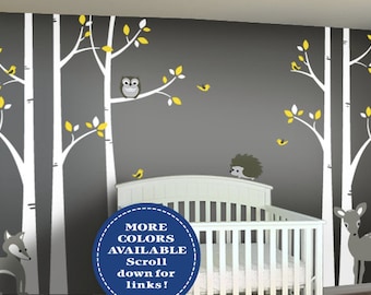 Woodland Nursery Decor - Birch Tree Wall Decal Set - Baby Nursery Wall Art - Fox, Hedgehog, Deer, Owl