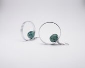minimalist round geometrical earrings with light teal green handblown lampwork glass beads