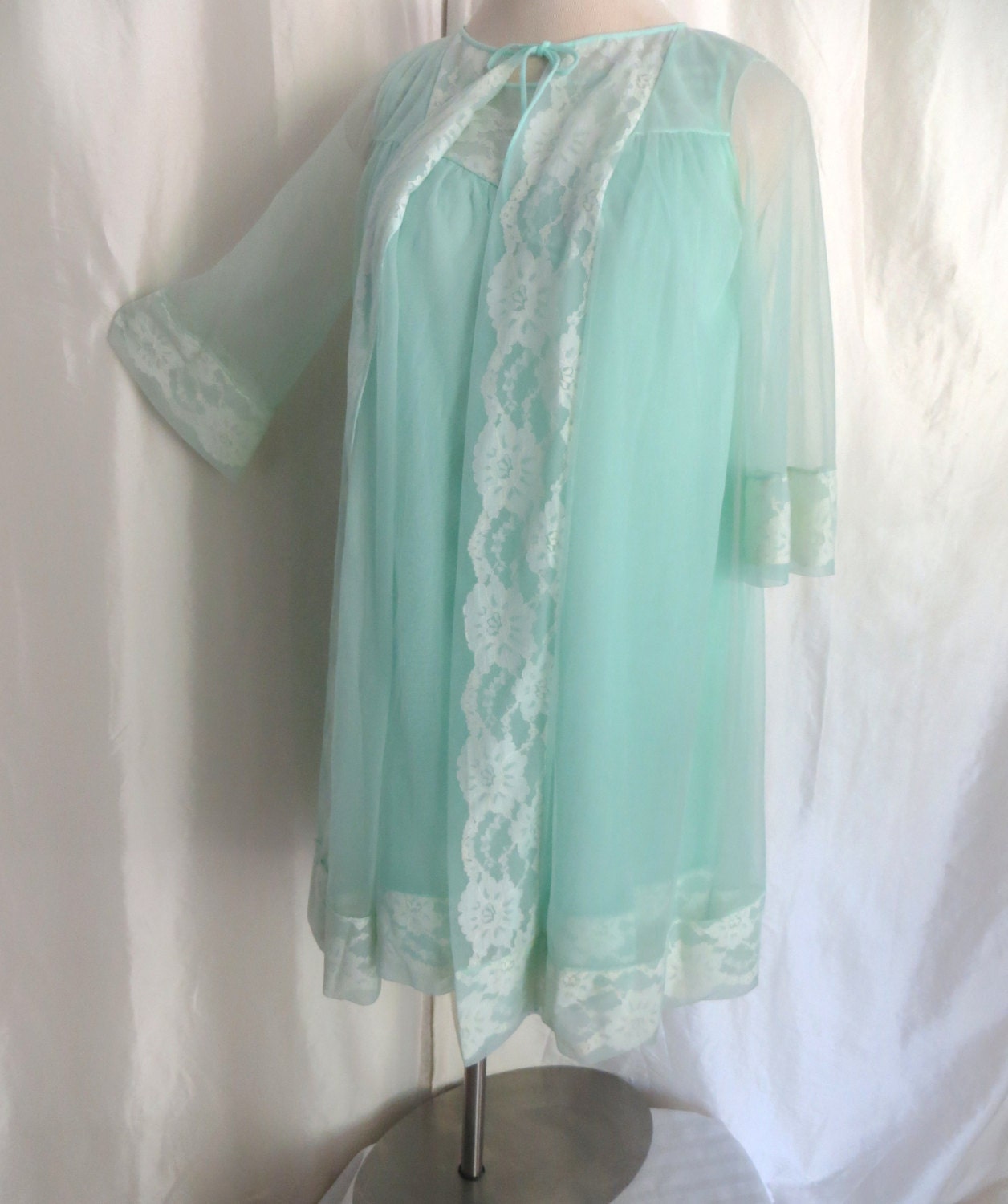 Vintage 60s negligee lingerie nightgown set robe aqua blue