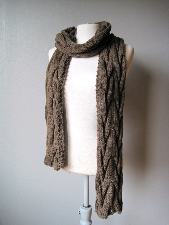 Chunky cable knit scarf unisex brown autumn scarf by woolpleasure