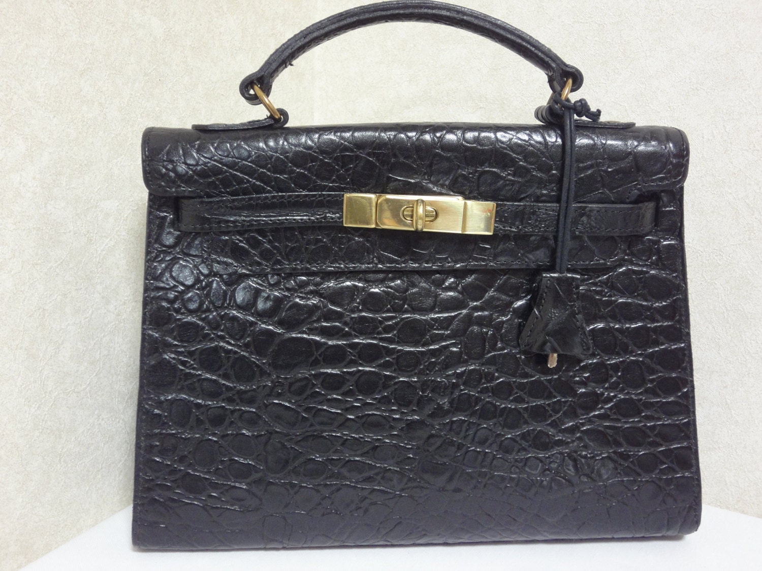 80s Vintage Mulberry black croc embossed leather Kelly bag.