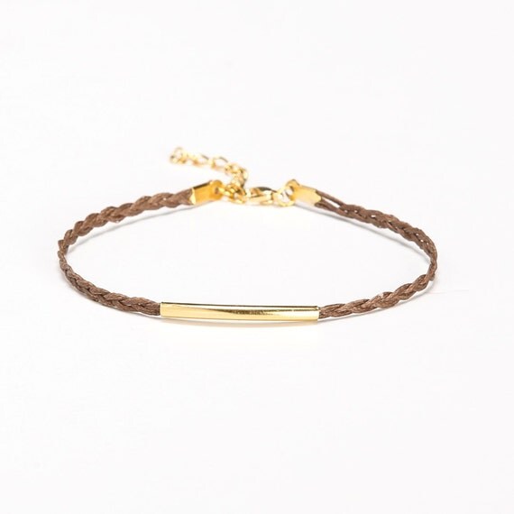 Gold bar anklet braided cord ankle bracelet with a gold