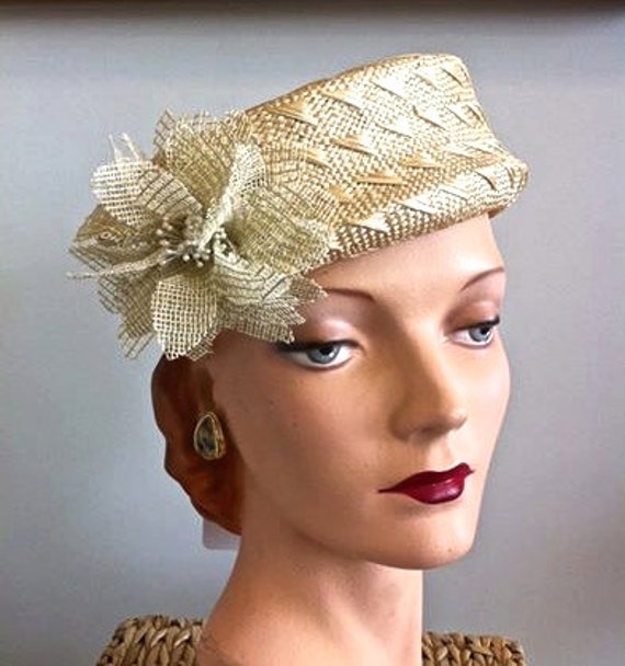 Natural Straw Pillbox Vintage Style Womens Hat Wedding Hat