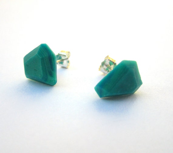 Teal Green Earrings, Modern Stud Earrings, Geometric Earrings, Colorful Post Earrings, Facet Earrings, Asymmetrical Jewelry, Silver Earrings