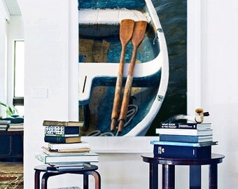 Large Nautical Boat Photography, Rowboat Dory Oars Rope Photo, Oversize Vertical Wall Art, Coastal Beach Artwork, Teal Navy Blue Gold White