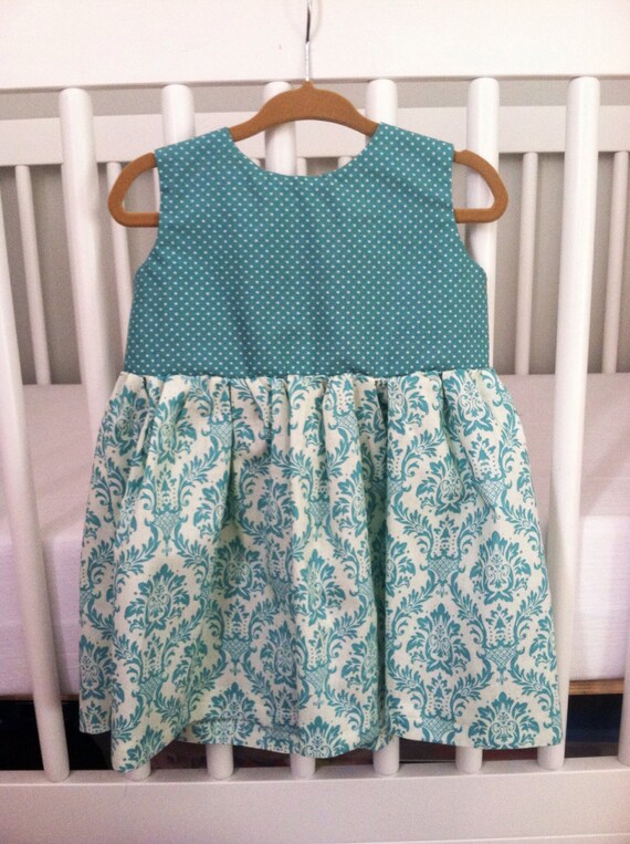 Items similar to Teal Polka Dot and Damask Dress...Teal Baby Dress...Tiffany Blue Dress on Etsy