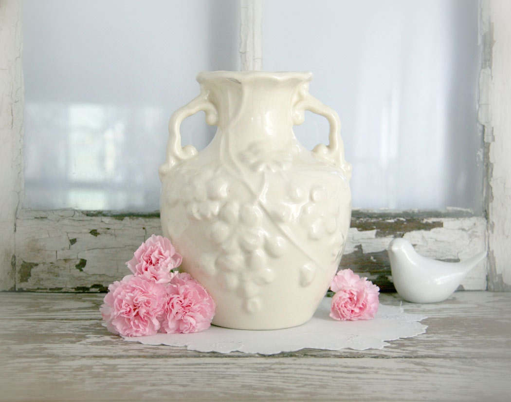 Vintage Ironstone Vase with double handles and embossed