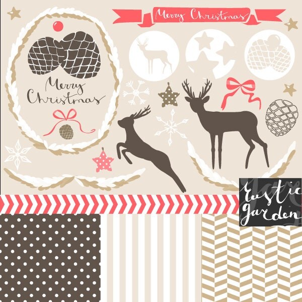 Christmas winter digital clipart. Coral pink and brown. Deers, wreath, laurels, pine cones, snowflakes, stars, bows, ornaments clipart.