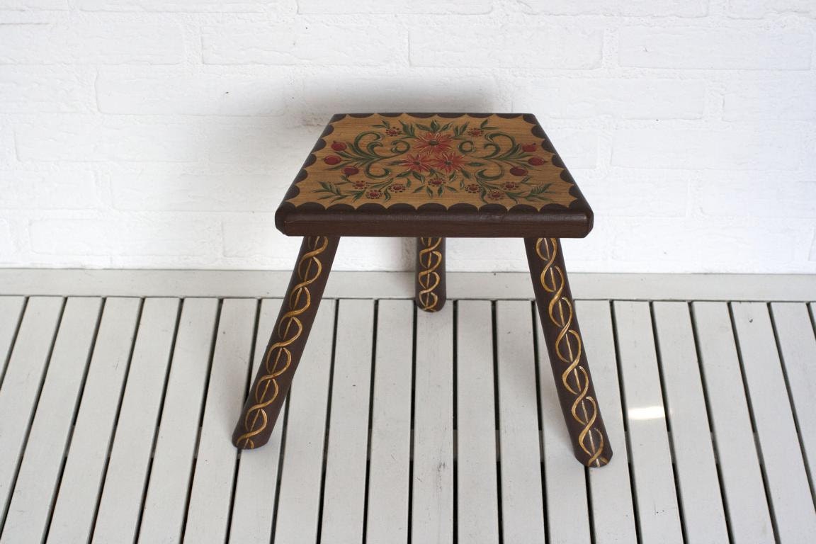 SALE Vintage German Folk Art Hand painted Florals 3 Legged Foot Stool