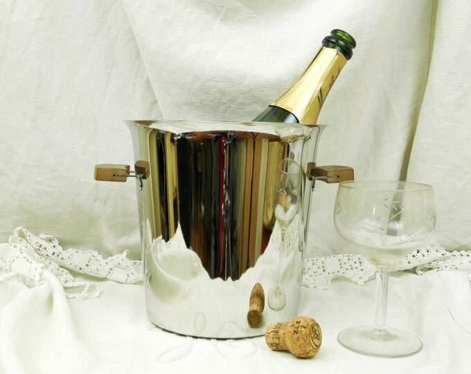 Vintage Mid Century French Stainless Steel Champagne and Teak Handles Ice Bucket, Retro 1960s Metal Wine Cooler from France, Barware