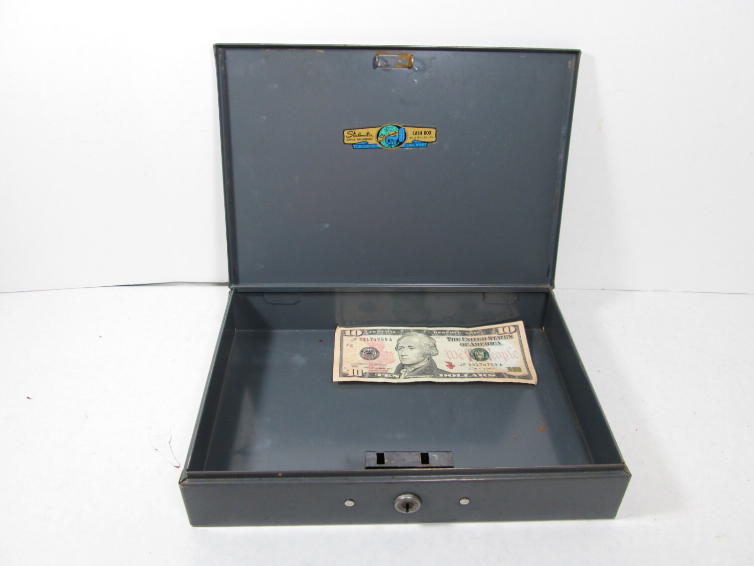 Gray Steelmaster Metal Cash Box with Key Lock Box