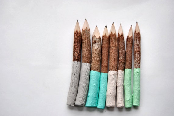 SANDY BEACH Collection . 8 5" Dipped Twig Pencils . Blue Ivory Mint Grey .