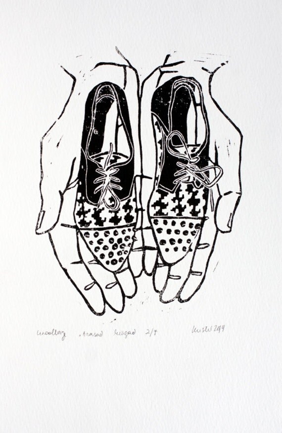 Cute shoes linocut printmaking, hand pulled, original art, hands ...